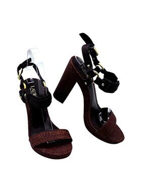 Lauren Ralph Lauren Faustine Raffia Straw & Leather Heel Sandals Womens 6B Brown